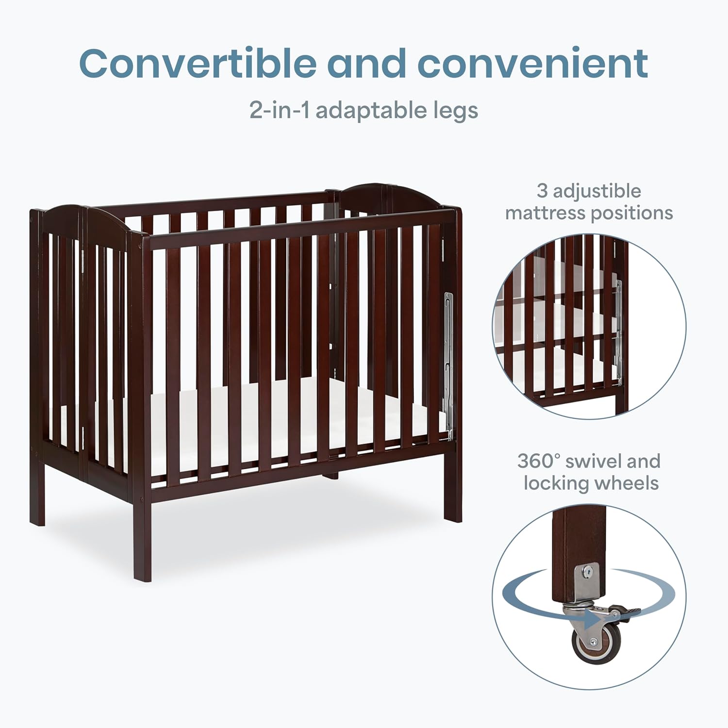 Dream On Me 3-in-1 Portable Folding Stationary Side Mini Baby Crib in Espresso & Mattress, GreenGuard Gold & JPMA, Use as Changer & Playpen, Locking Wheels, 3 Mattress Heights, Extra Firm Mattress