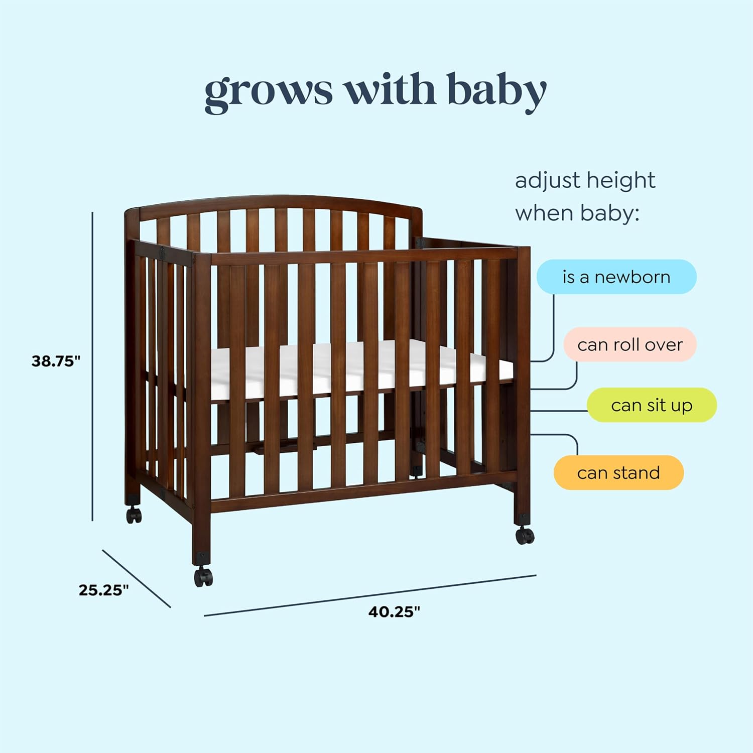 DaVinci Dylan 3-in-1 Portable Baby Crib with Wheels - Toddler Bed & Daybed Conversion - Perfect for Small Spaces & Easy to Assemble, GREENGUARD Gold Certified, 4 Adjustable Mattress Heights - Espresso