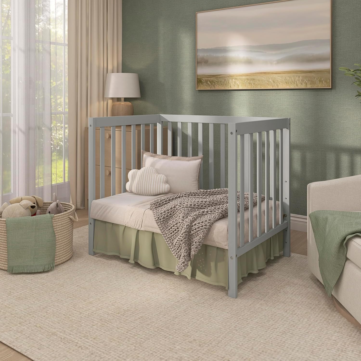 Dream On Me Edgewood 4-in-1 Convertible Mini Baby Crib in Cool Grey GreenGuard Gold & BSA, Non-Toxic, Compact 40×25×33″ Design, Converts to Mini Daybed & Twin Bed (Rails to Buy) 1″ Mattress Pad