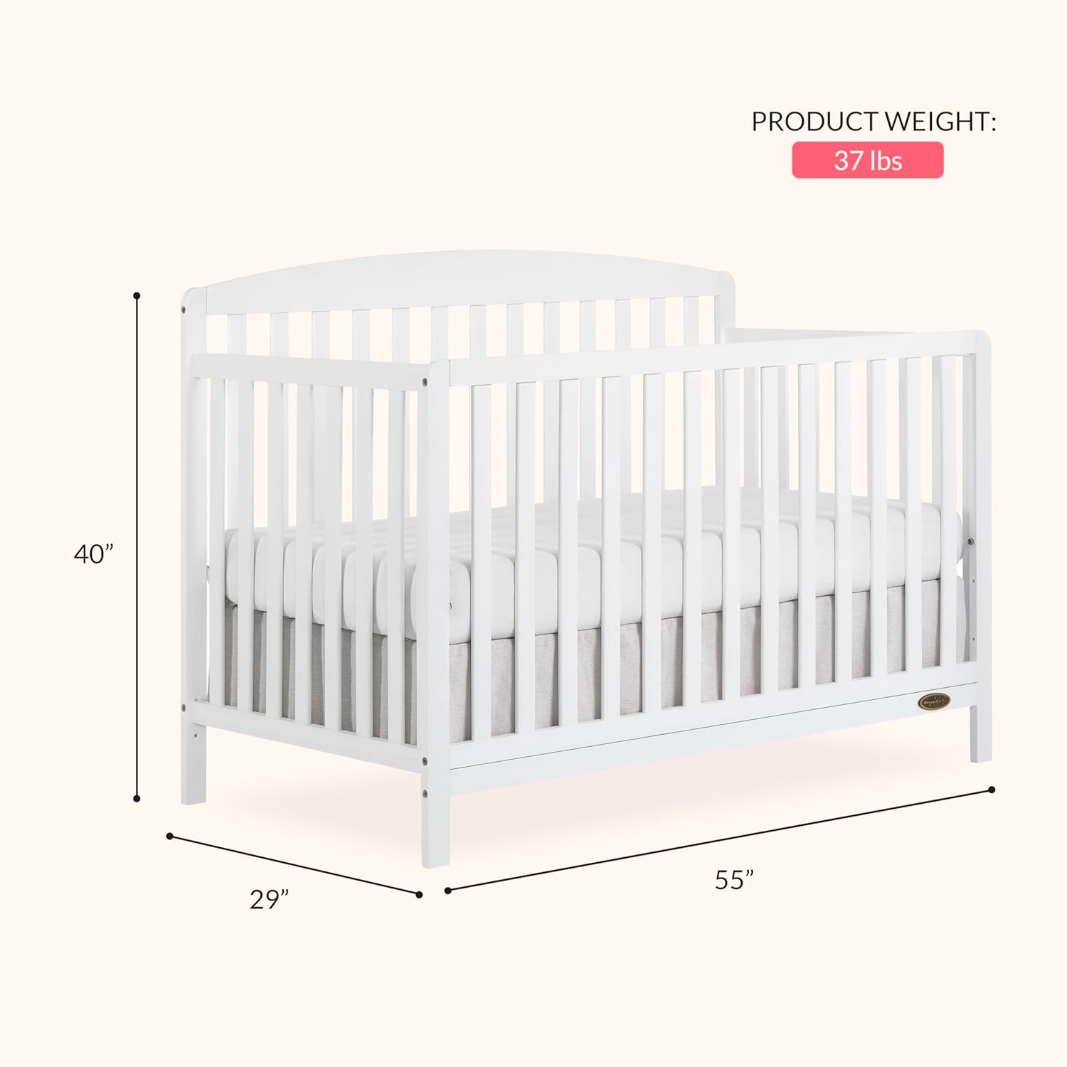 Dream On Me Odelle 5-in-1 Convertible Full-Size Baby Crib in White, GreenGuard Gold & JPMA Converts to Toddler, Day & Full-Size Bed, Sustainable Pinewood, 3 Mattress Heights