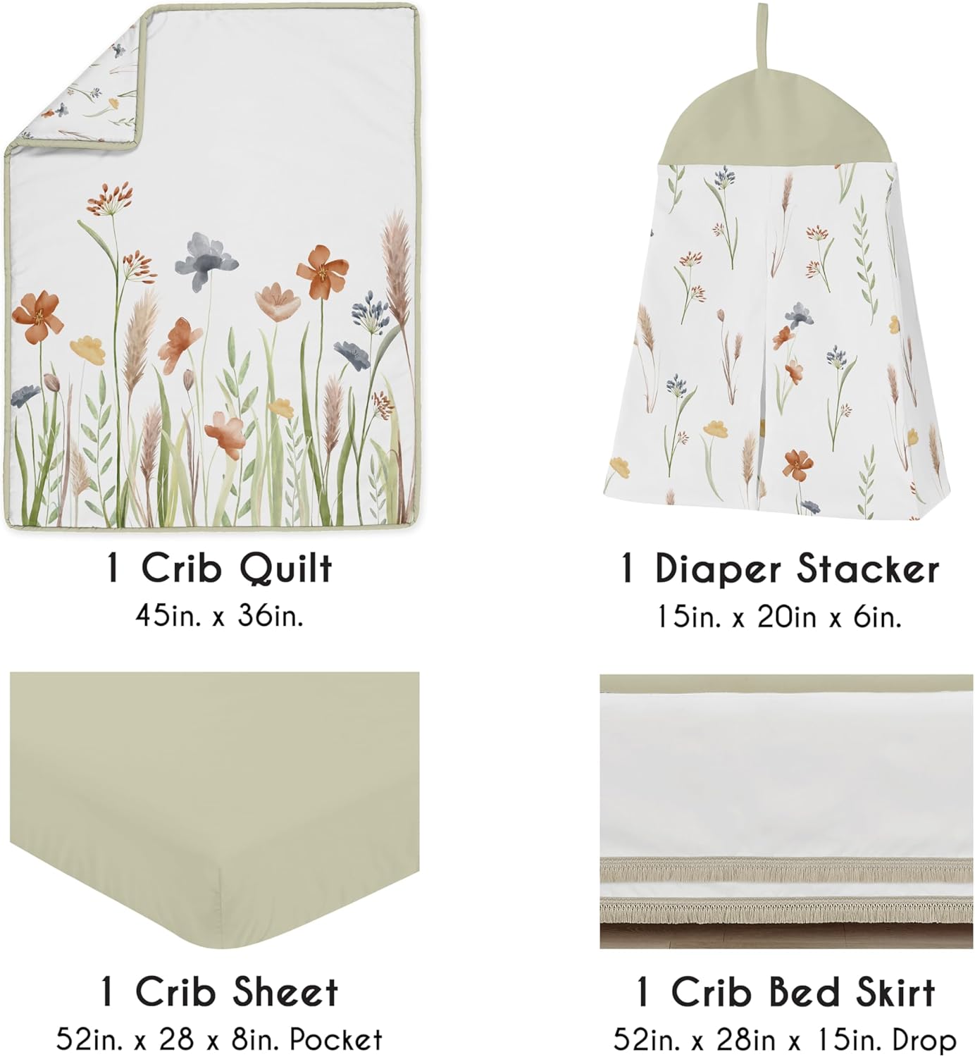 Sweet Jojo Designs 4-Piece Baby Crib Bedding Set (Green Boho Floral) for Girls, Infants/Nursery incl. Blanket, Fitted Sheet, Skirt, Diaper Stacker (Flower, Garden, Bohemian, Farmhouse, Wildflower)