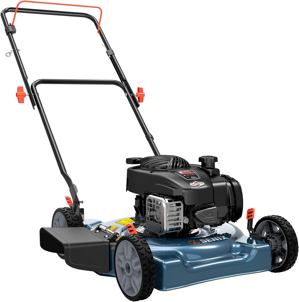 SENIX 20-Inch Gas Lawn Mower with 125 cc 4-Cycle Briggs & Stratton Engine, Side Discharge, 5-Position Single Wheel Height Adjustment (LSPG-L3)