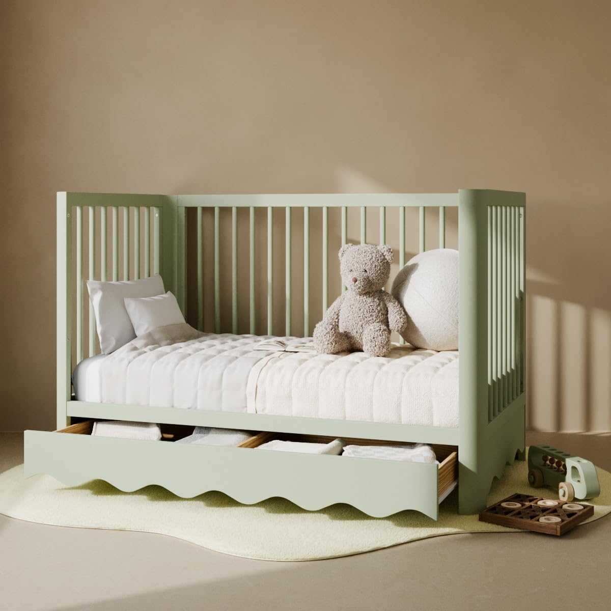 Storkcraft Casablanca Convertible Crib with Drawer and Toddler Guardrail (Sage) – GREENGUARD Gold Certified, Toddler Bed Conversion Kit Included, Fits Standard Crib Mattress, Crib with Storage
