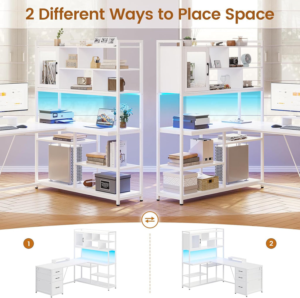 SEDETA L Shaped Computer Desk, 58'' Office Desk with 3 Drawers and Bookshelf, L Shaped Corner Desk with Storage Shelves and LED Light for Home Office, Gaming Desk, L Desk, White