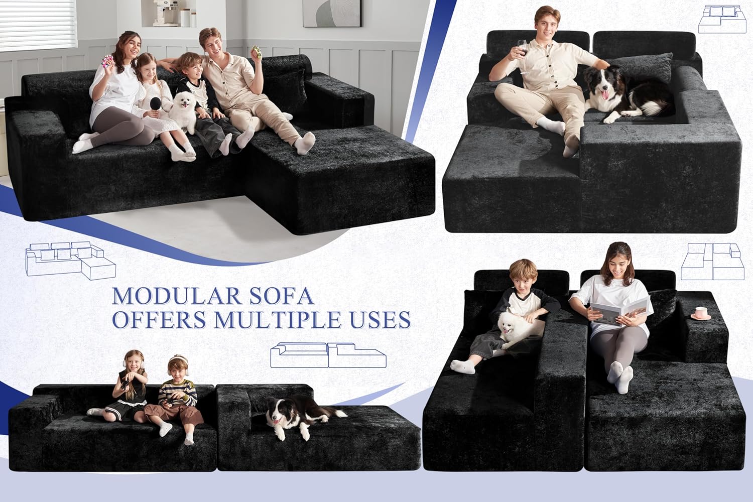 HABUTWAY 105" L-Shape Modular Sectional Sofa Couch for Living Room,No Assembly Required,Modular Comfy Sofa with Deep Seat for Living Room Bedroom,Luxury Distressed Velvet(Right,Black)