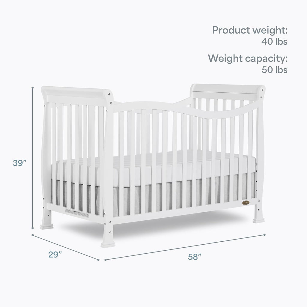 Dream On Me Violet 7-in-1 Convertible Full-Size Baby Crib with Toddler, Day & Full Bed Conversion in White, GreenGuard Gold & BSA, 3 Mattress Heights, Sustainable Pinewoo