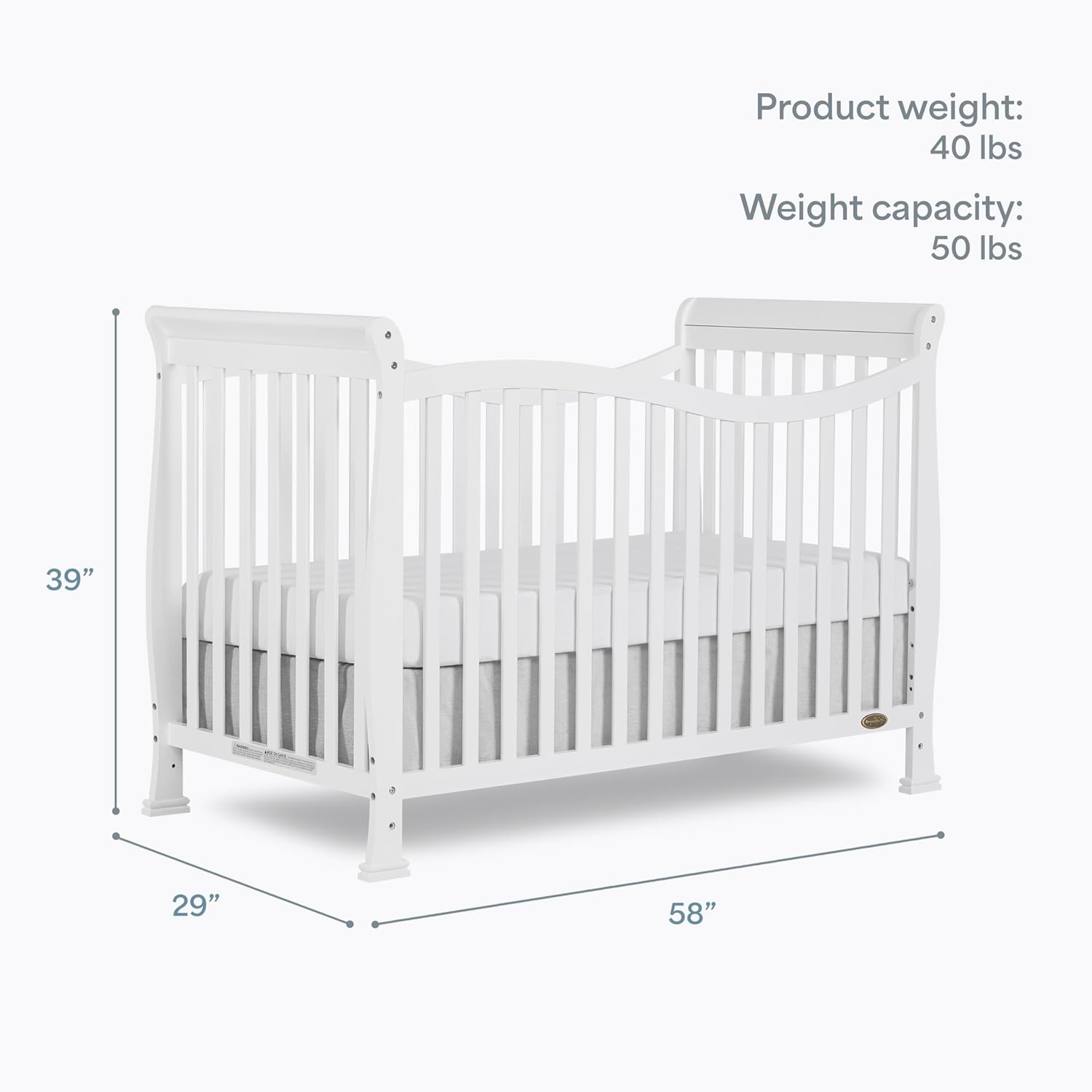 Dream On Me Violet 7-in-1 Convertible Full-Size Baby Crib with Toddler, Day & Full Bed Conversion in White, GreenGuard Gold & BSA, 3 Mattress Heights, Sustainable Pinewoo