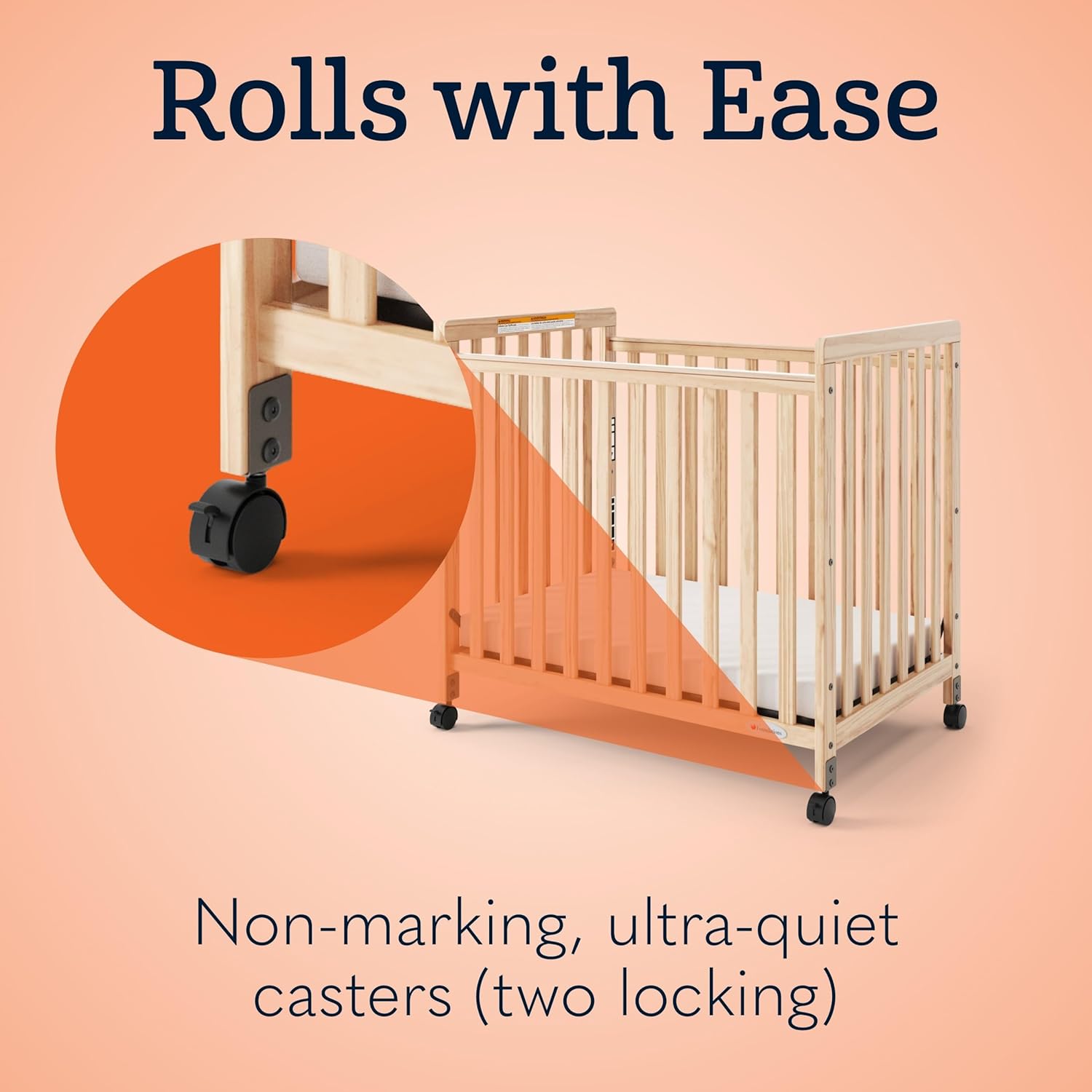 Foundations SafetyCraft Compact Slatted Daycare Crib, Durable Wood Construction, Non-Marking Casters (2 Locking), Includes 3” InfaPure Foam Mattress, Natural