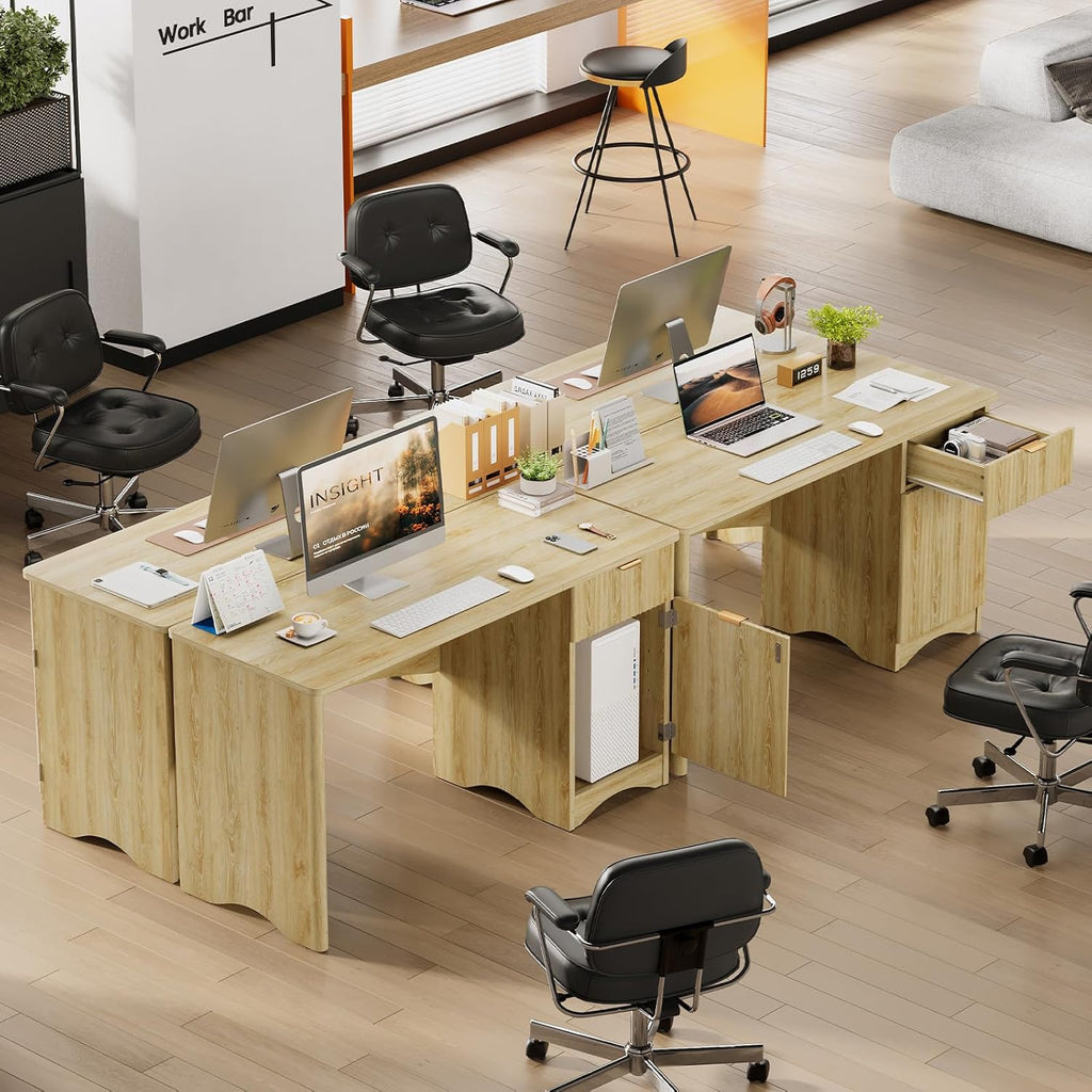 Bestier 47 inch Fluted Computer Desk with Drawer, Office Desk with File Cabinet, Modern Wood Desk with Storage Cabinet for Home Office Bedroom Study, Natual Oak