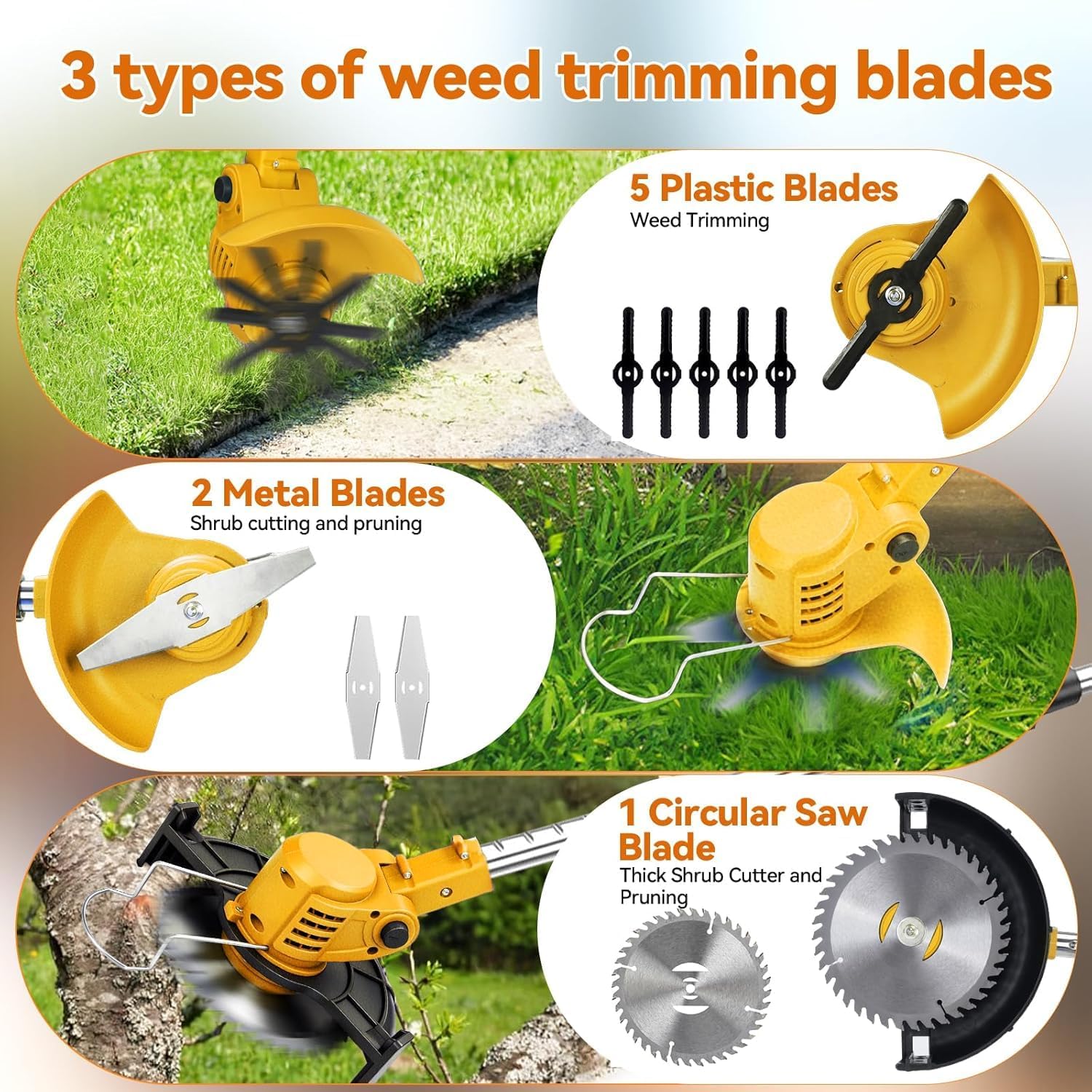 20000RPM Electric Weed Wacker with Wheel,Cordless Weed Eater, Battery Powered Weed Trimmer, 4 in1 String Trimmer,Brush Cutter/Grass Trimmer/Lawn Mower/Lawn Edger 3 Type Blades for Garden Yard