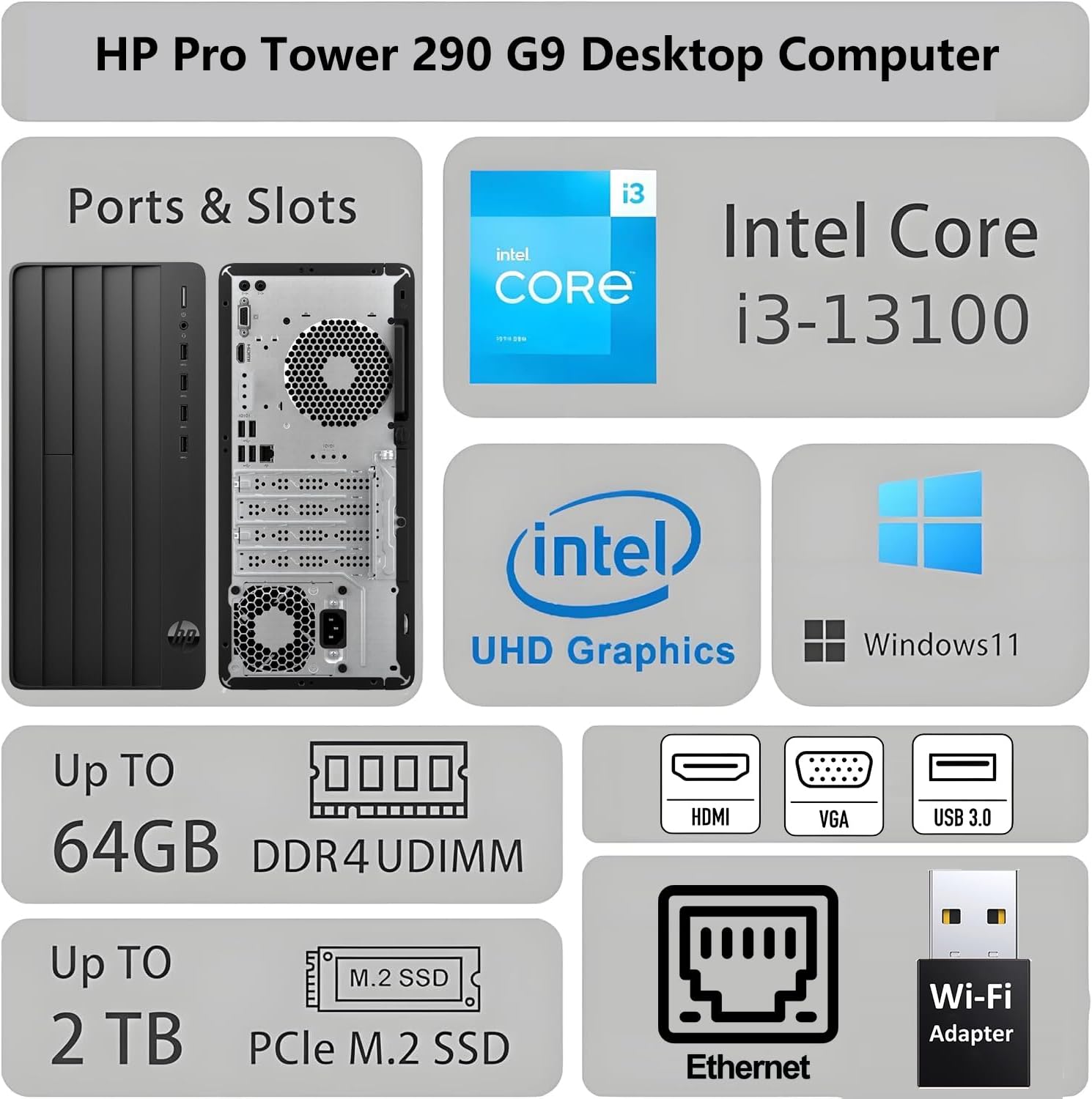 HP 2026 Pro Tower Business Desktop PC | 13th Gen Intel i3 Quad-Core up to 4.5GHz | 8GB RAM, 256GB SSD | Copilot AI | Windows 11 Home | WiFi Adapter | Ready-to-Work Office Computer with Accessories