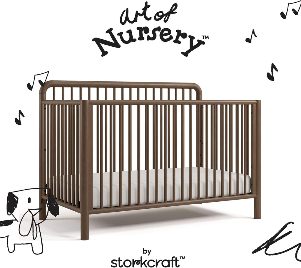 Storkcraft Porto 5-in-1 Convertible Crib with Toddler Guardrail – GREENGUARD Gold Certified, Toddler Bed Conversion Kit Included, 100% Solid Wood, Fits Standard Baby Crib Mattress (Hazelnut)