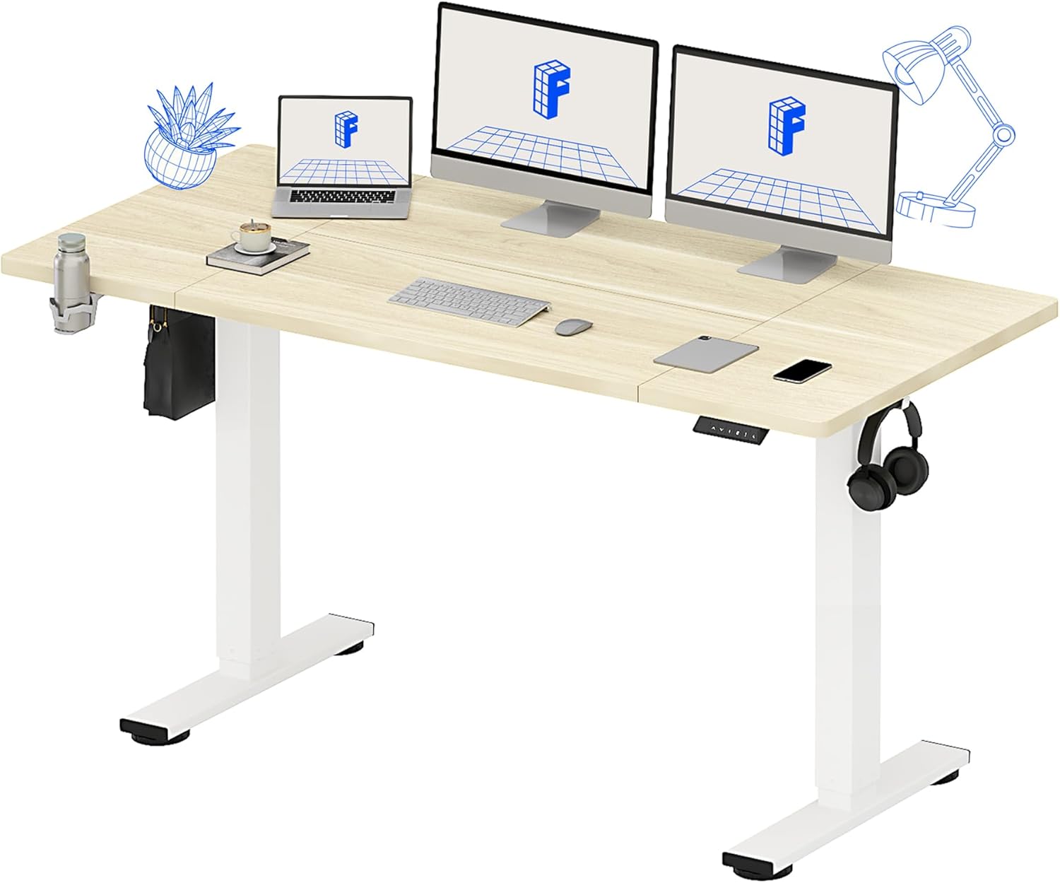FLEXISPOT 63x32 Inch Electric Large Standing Desk for Home & Office, Spacious Splice Board Desk with Cable Management & Organizer, Cup Holder & Hook, White Wood Grain