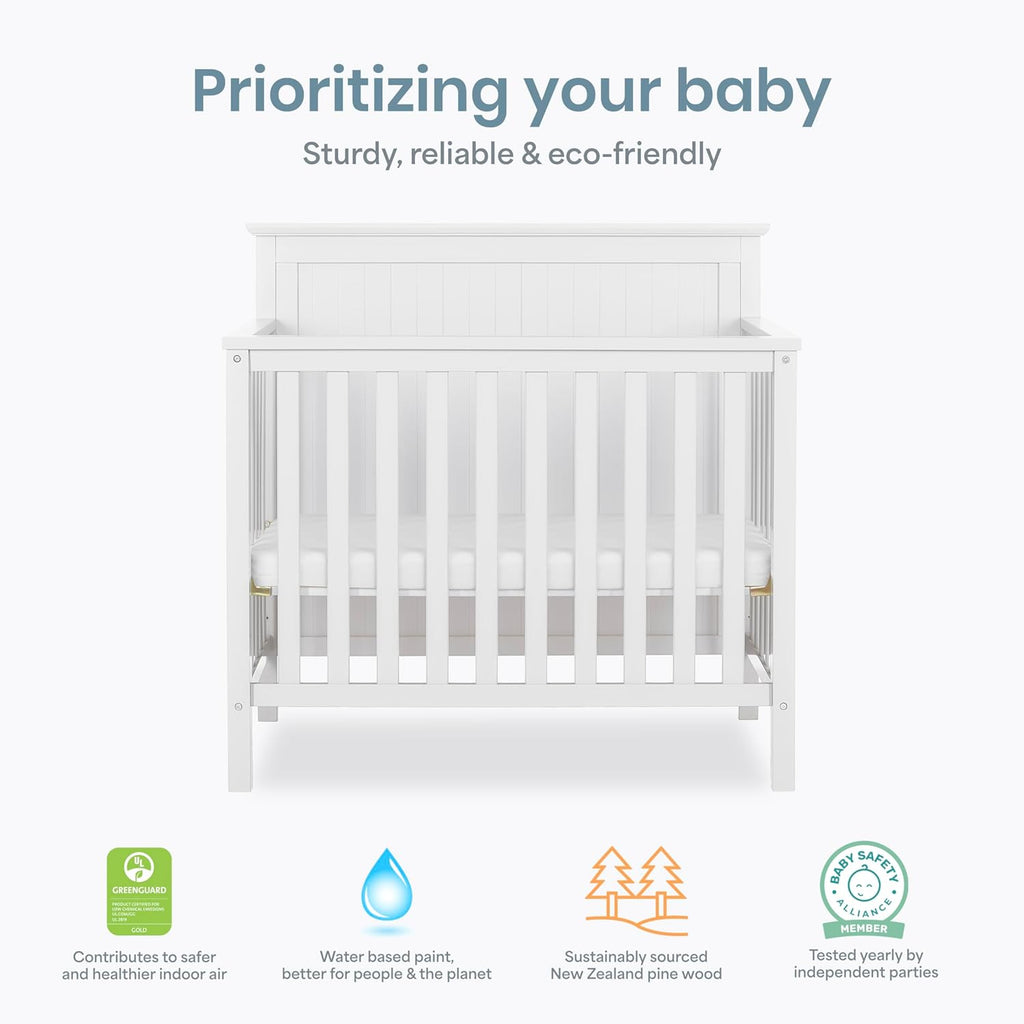 Dream On Me Ava 4-in-1 Mini Baby Crib with Daybed & Twin Bed Conversion in White, GreenGuard Gold & BSA, Non-Toxic Finish, 3-Position Adjustable Height, Includes 1″ Mattress Pad