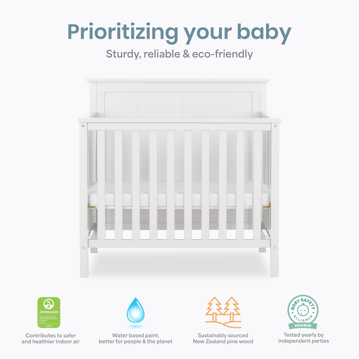 Dream On Me Ava 4-in-1 Mini Baby Crib with Daybed & Twin Bed Conversion in White, GreenGuard Gold & BSA, Non-Toxic Finish, 3-Position Adjustable Height, Includes 1″ Mattress Pad