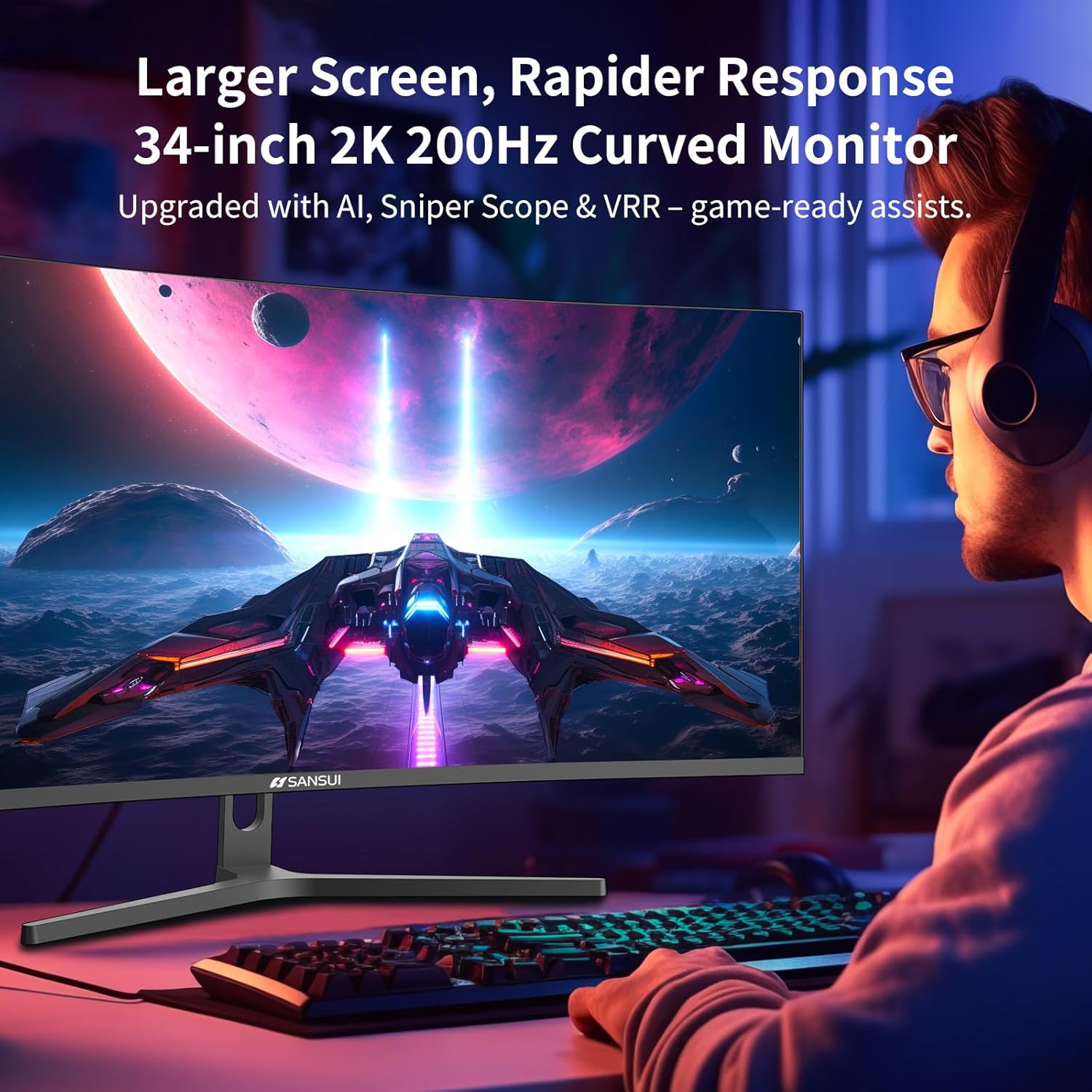 SANSUI 34-Inch Curved Gaming Monitor UWQHD 3440 x 1440P Up to 200Hz 165Hz Curved 1500R - PIP/PBP, OD 1ms, HDR, 300nits, sRGB 130%, DCI-P3 97%,AI Crosshair,HDMI2.1x2,DP1.4(Cable Included)