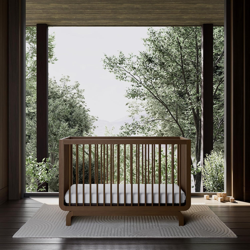 Storkcraft Santorini 5-in-1 Convertible Crib with Toddler Guardrail – GREENGUARD Gold Certified, Conversion Kit Included, 100% Solid Wood, Fits Standard Crib Mattress (Hazelnut)