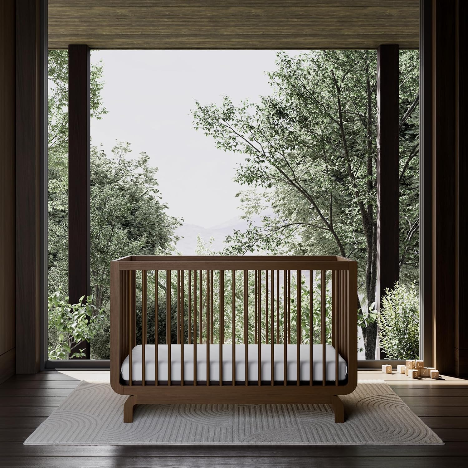 Storkcraft Santorini 5-in-1 Convertible Crib with Toddler Guardrail – GREENGUARD Gold Certified, Conversion Kit Included, 100% Solid Wood, Fits Standard Crib Mattress (Hazelnut)