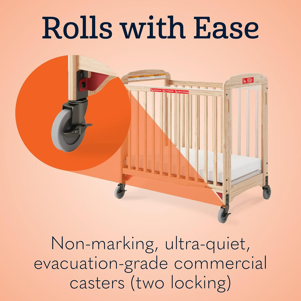Foundations First Responder Evacuation Fixed-Side Daycare Crib, Features Clearview Panels, Includes Evacuation Frame, 4" Casters, and 3-inch Ultradurable Foam Mattress, Natural