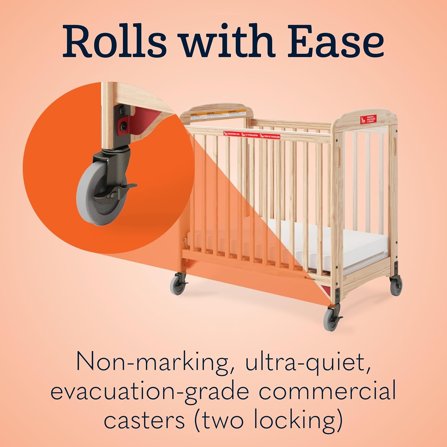 Foundations First Responder Evacuation Fixed-Side Daycare Crib, Features Clearview Panels, Includes Evacuation Frame, 4" Casters, and 3-inch Ultradurable Foam Mattress, Natural