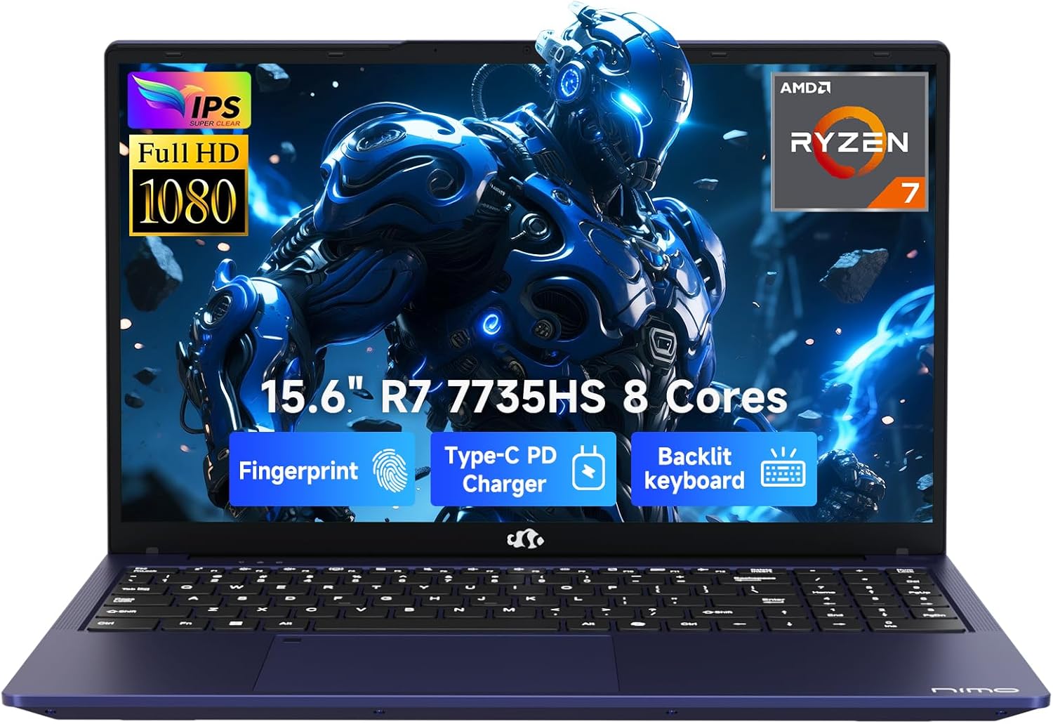 NIMO 2026 Laptop 15.6" FHD – AMD Ryzen 7 7735HS 8C/16T, Radeon 680M, 16GB DDR5, 1TB NVMe SSD, Backlit Keyboard, Fingerprint Unlock, 100W USB-C PD – Ideal for Students, Professionals, Creators