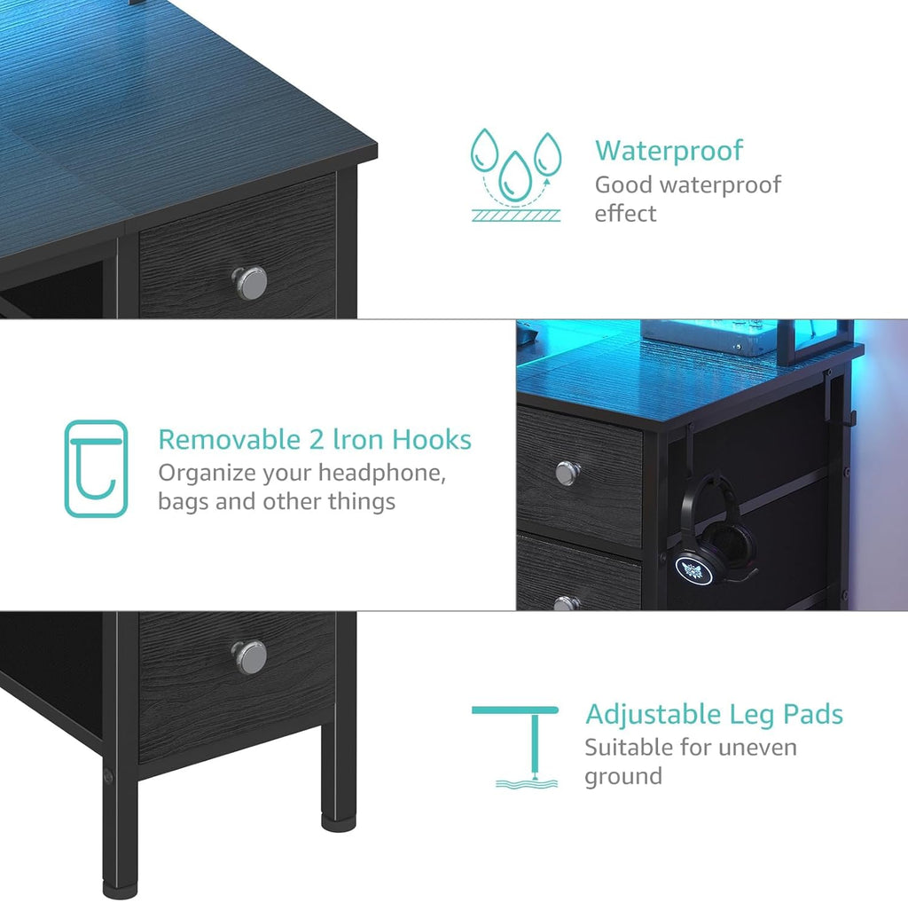 Lufeiya Gaming Desk with LED Lights and Power Outlets, 47 inch Computer Desk with Fabric Drawers & Storage Shelves, Home Office Desk with Monitor Stand, Black