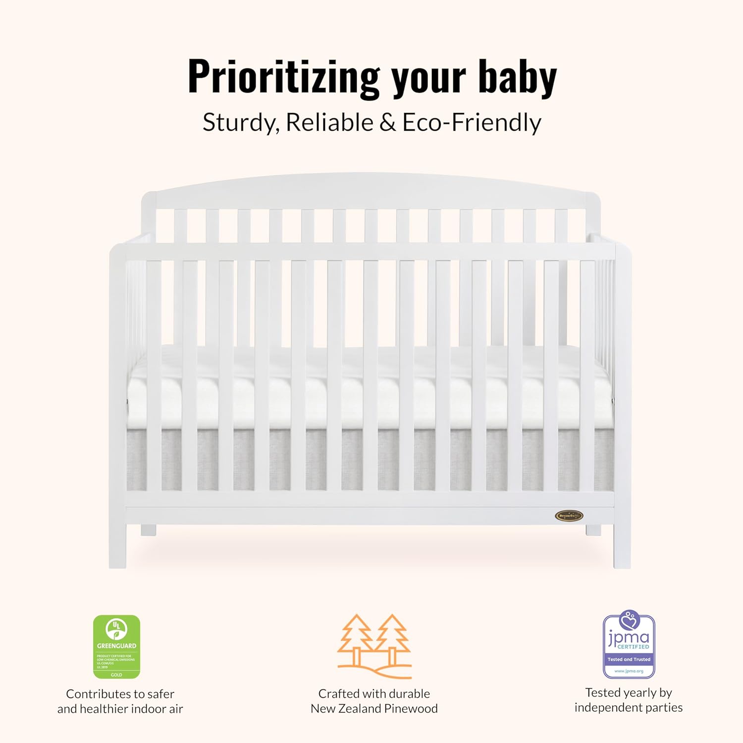 Dream On Me Odelle 5-in-1 Convertible Full-Size Baby Crib in White, GreenGuard Gold & JPMA Converts to Toddler, Day & Full-Size Bed, Sustainable Pinewood, 3 Mattress Heights