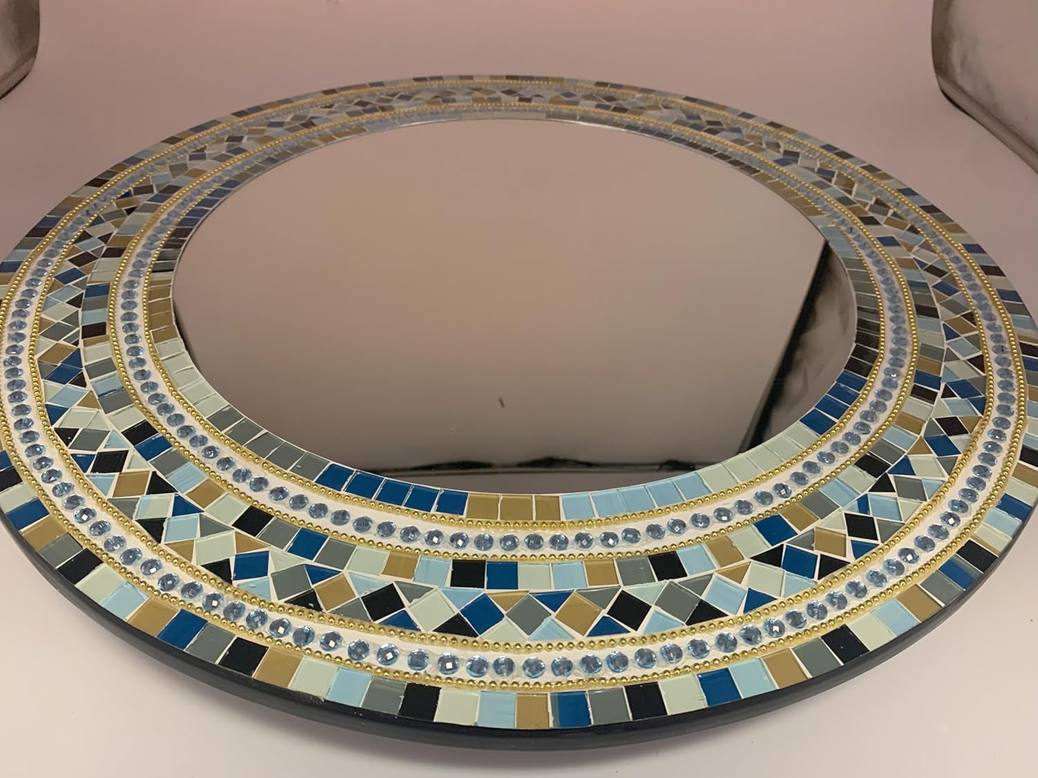 Wall Art Décor – Handcrafted Decorative Wall Mirror, Light and Navy Blue, Brown, Gray, and Black Round Mosaic, 24” Round Mirror for Hallway, Bedroom, Bathroom, Living Room