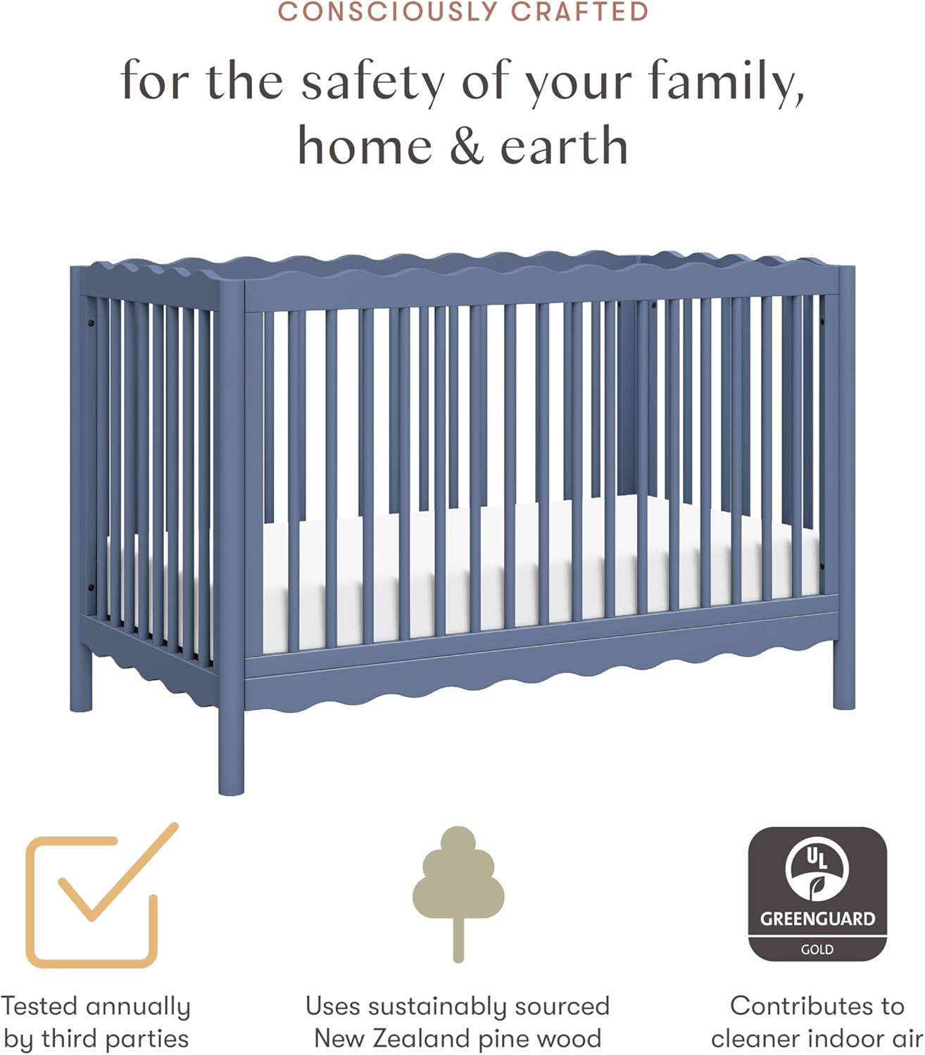Babyletto Swell 4-in-1 Convertible Crib with Toddler Bed Conversion Kit in Cove Blue, Greenguard Gold Certified, Made of 100% Solid Wood
