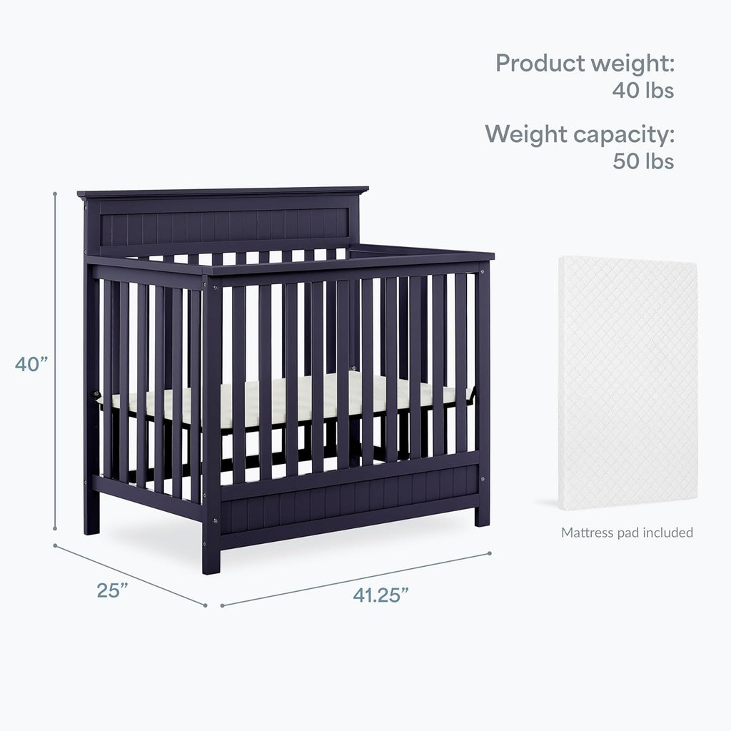 Dream On Me Harbor 4‑in‑1 Convertible Mini Baby Crib in Navy, GreenGuard Gold & BSA, Non-Toxic, Pinewood, Converts to Mini Daybed & Twin Bed, 1″ Mattress Pad, Perfect for Small Nurseries