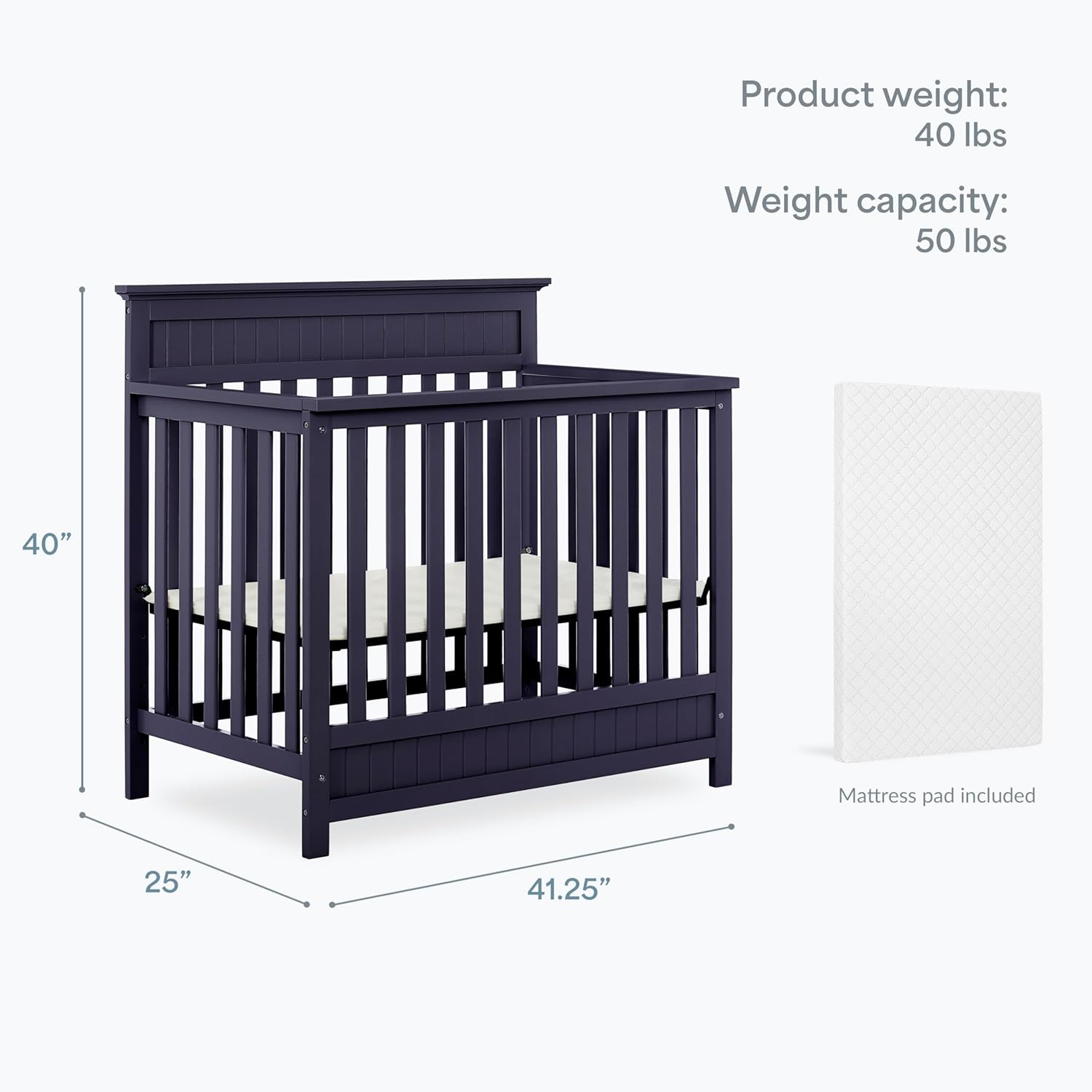 Dream On Me Harbor 4‑in‑1 Convertible Mini Baby Crib in Navy, GreenGuard Gold & BSA, Non-Toxic, Pinewood, Converts to Mini Daybed & Twin Bed, 1″ Mattress Pad, Perfect for Small Nurseries