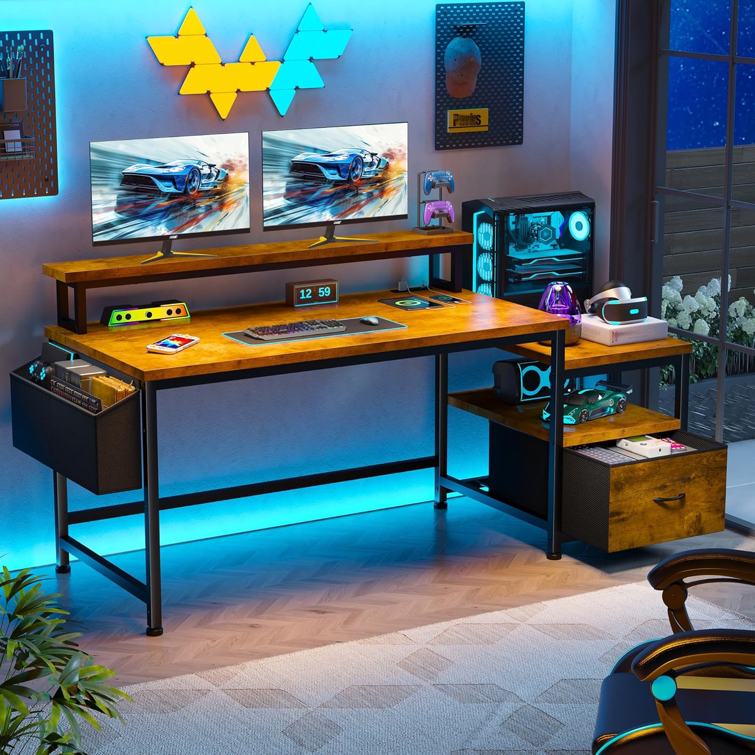 EnHomee 56.5" Office Desk with Drawers and Printer Space,Computer Desk with Power Outlets,Home Office Desks with File Drawers Cabinet,Study and Gaming Desk with Shelves Monitor Stand,Rustic Brown