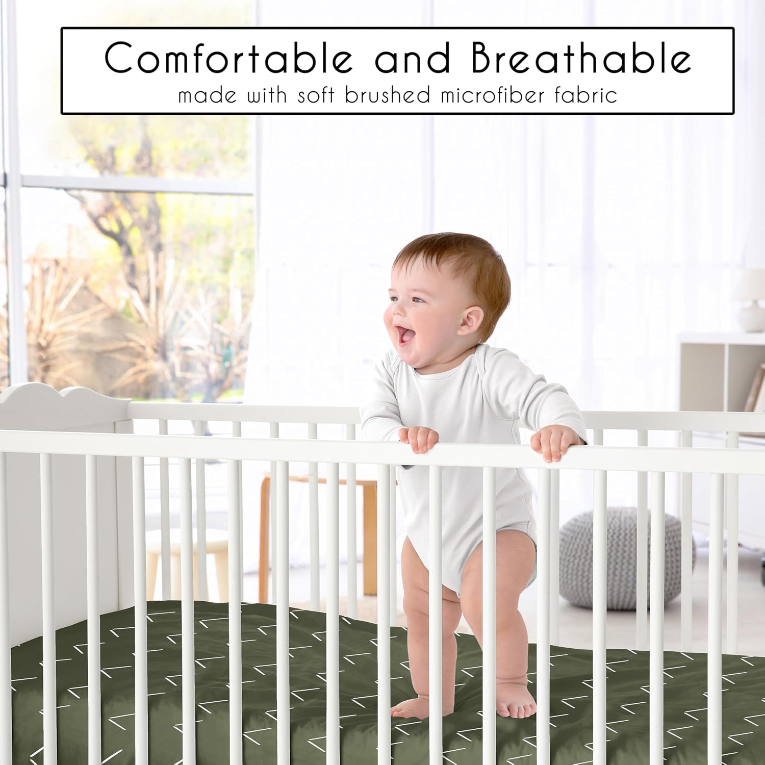 Sweet Jojo Designs 4-Piece Baby Crib Bedding Set (Boho Chic) for Boys or Girls, Infants/Nursery incl. Cotton Blanket, Fitted Sheet, Skirt, Diaper Stacker (Sage Green, Gender Neutral, Unisex Farmhouse)