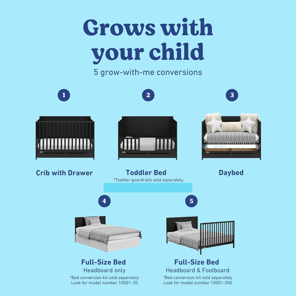 Graco Melrose 5-in-1 Convertible Crib with Drawer – GREENGUARD Gold Certified, Fits Standard Crib Mattress, Converts to Toddler Bed, Daybed and Full Bed, 4 Adjustable Mattress Heights (Black)
