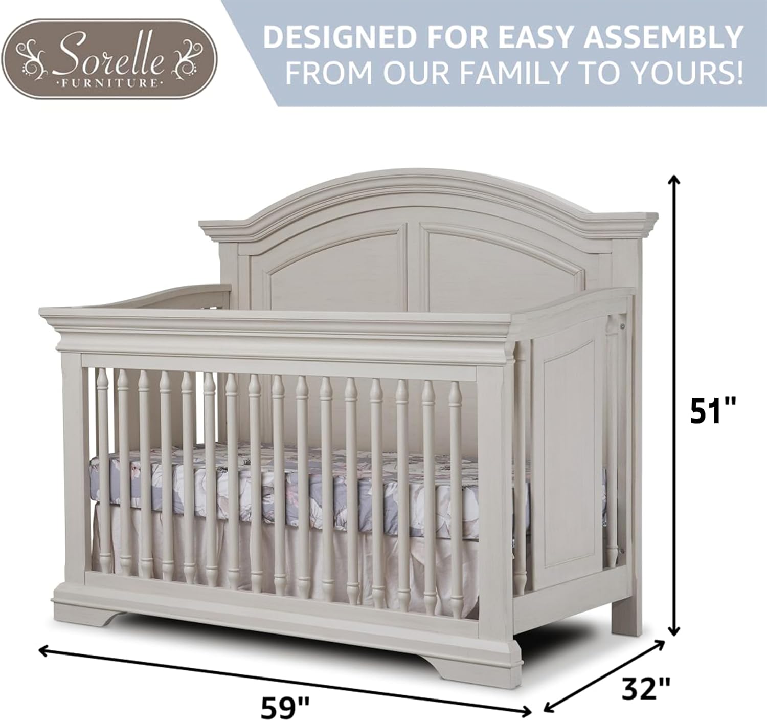 Sorelle Furniture High Arch Portofino Crib, Classic 4-in-1 Convertible Crib, Crib Made of Wood, Wooden Baby Bed, Toddler Bed, Child's Daybed and Full-Size Bed, Nursery Furniture-Brushed Ivory