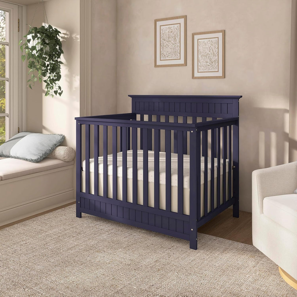 Dream On Me Harbor 4‑in‑1 Convertible Mini Baby Crib in Navy, GreenGuard Gold & BSA, Non-Toxic, Pinewood, Converts to Mini Daybed & Twin Bed, 1″ Mattress Pad, Perfect for Small Nurseries