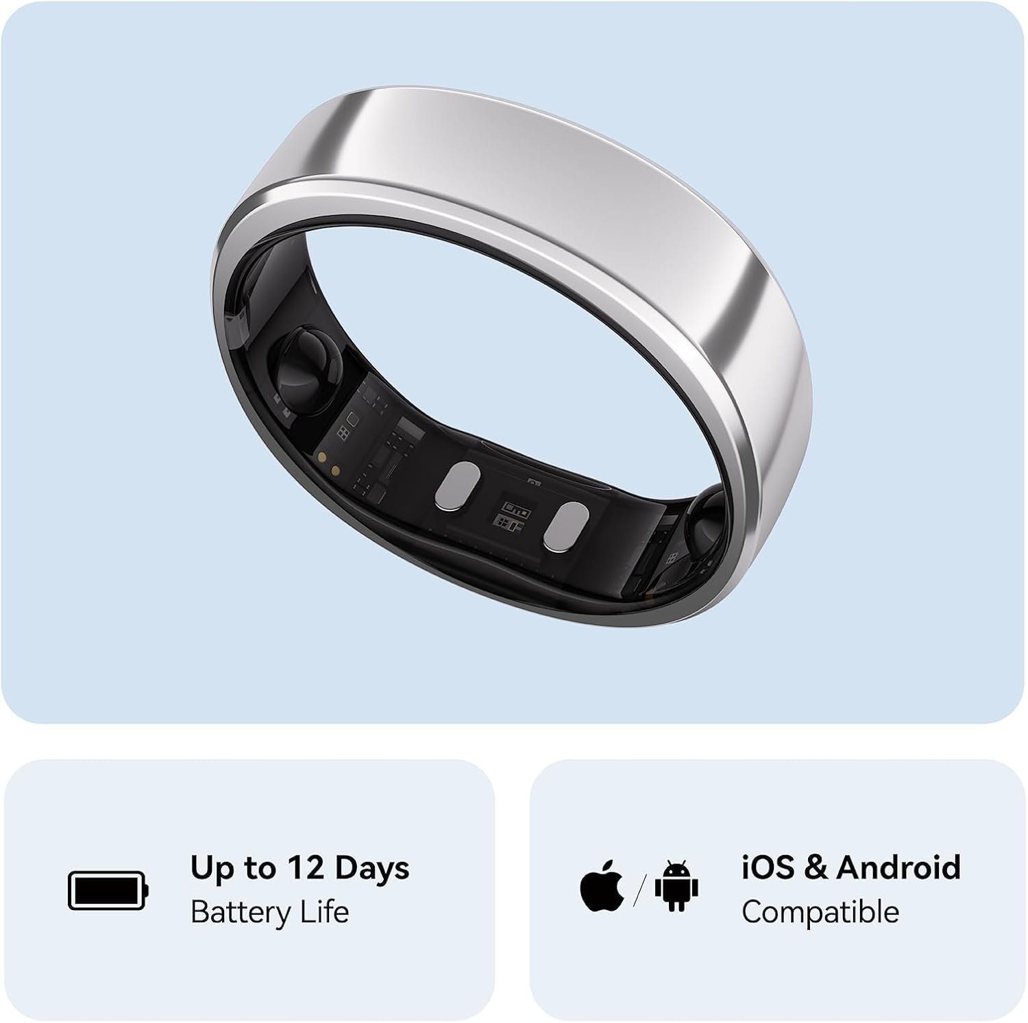 RingConn Gen 2, World's First Smart Ring with Sleep Apnea Monitoring, No APP Subscription, 12-Day Battery Life, Stress/Heart Rate/Women's Health Tracker, Android & iOS Compatible (Silver, Size 9)