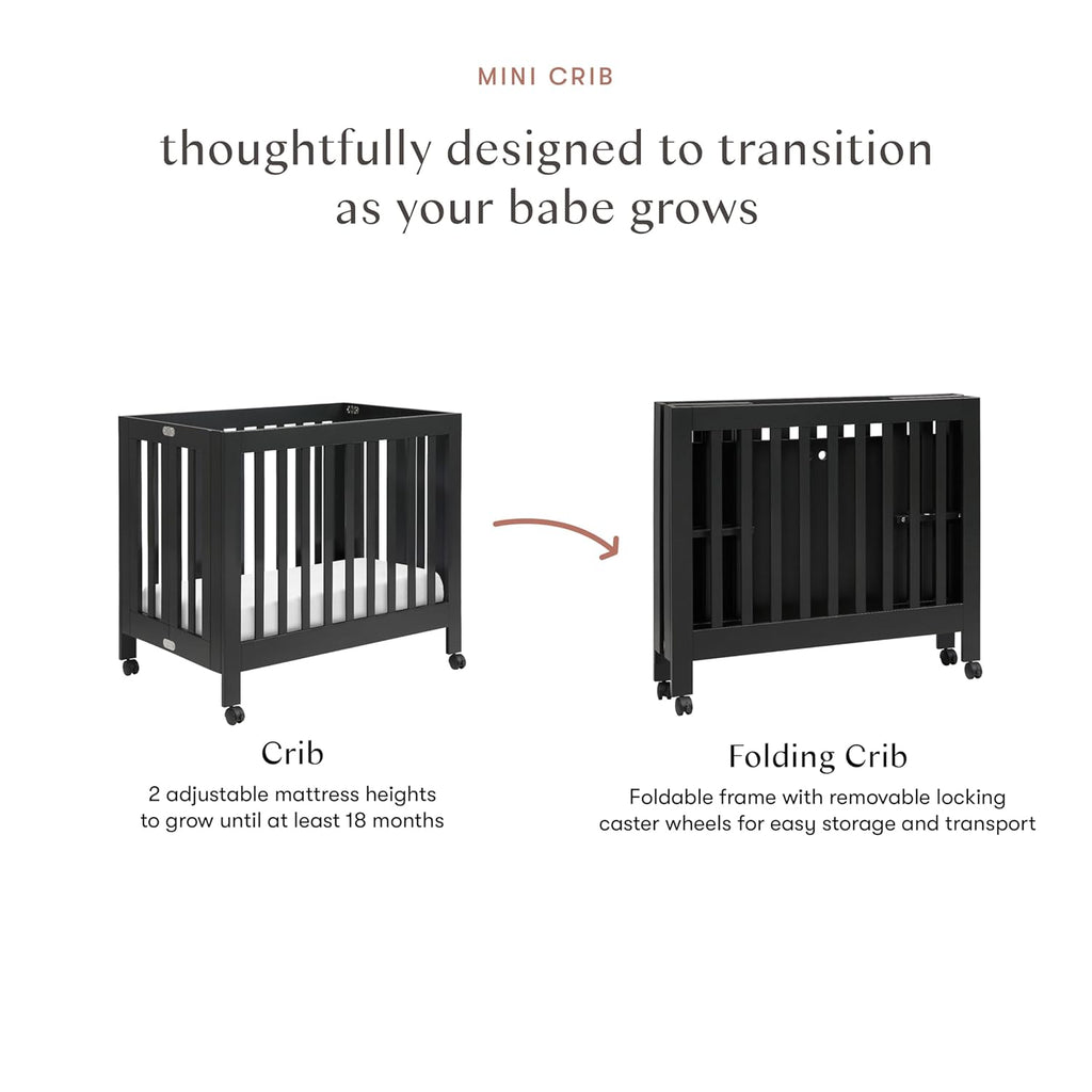 Babyletto Origami Mini Portable Folding Crib with Wheels in Black, 2 Adjustable Mattress Positions, Greenguard Gold Certified