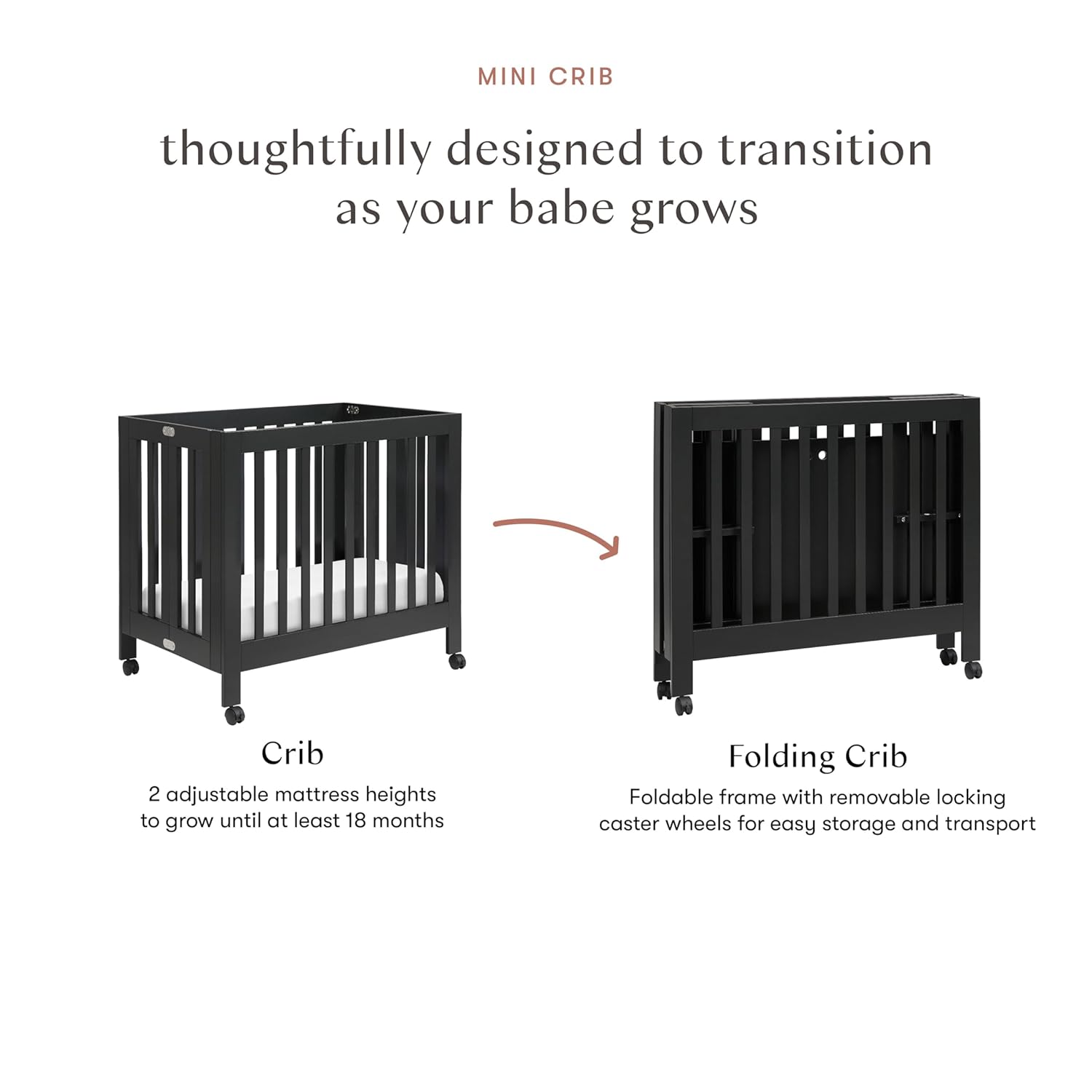 Babyletto Origami Mini Portable Folding Crib with Wheels in Black, 2 Adjustable Mattress Positions, Greenguard Gold Certified