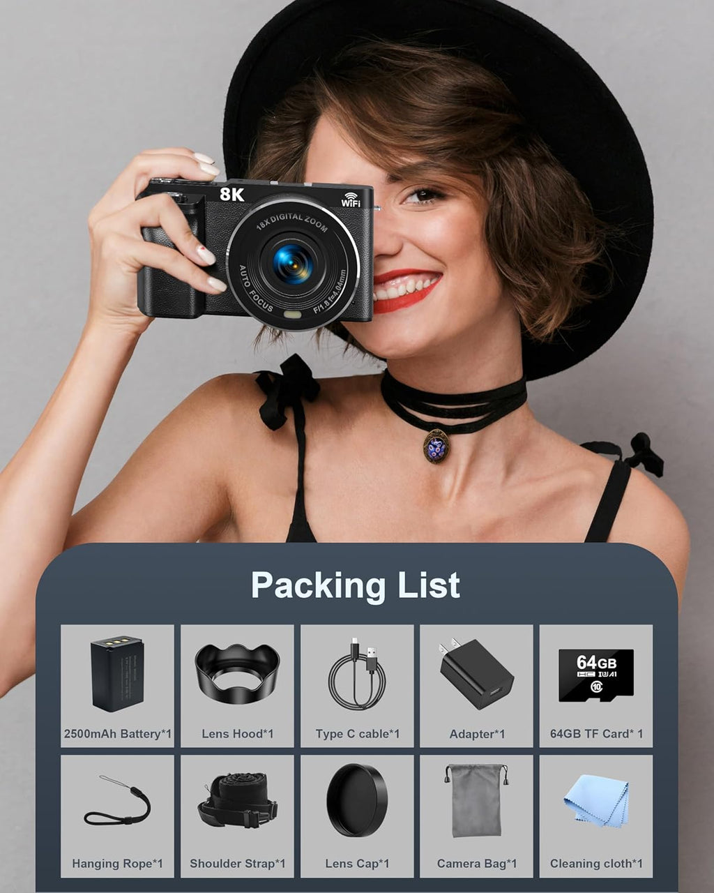 8K Digital Camera, 88MP Cameras for Photography, WiFi Vlogging Camera for YouTube with 3" 180° Flip Screen, 18X Zoom UHD Autofocus Video Camara with Lens Hood, 64GB Card