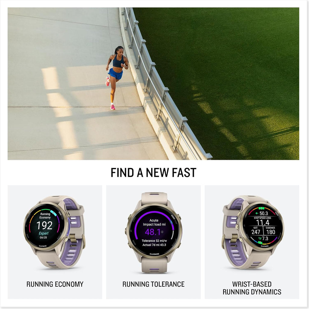 Garmin® Forerunner® 970, Premium GPS Running and Triathlon Smartwatch, AMOLED Display, Built-in LED Flashlight, Soft Gold Titanium with French Gray Case and French Gray/Translucent Indigo Band