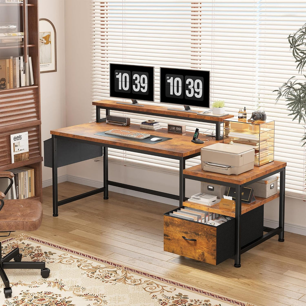 EnHomee 56.5" Office Desk with Drawers and Printer Space,Computer Desk with Power Outlets,Home Office Desks with File Drawers Cabinet,Study and Gaming Desk with Shelves Monitor Stand,Rustic Brown