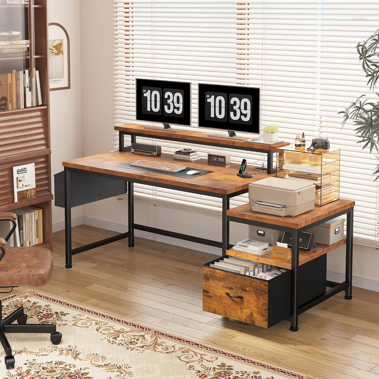 EnHomee 56.5" Office Desk with Drawers and Printer Space,Computer Desk with Power Outlets,Home Office Desks with File Drawers Cabinet,Study and Gaming Desk with Shelves Monitor Stand,Rustic Brown