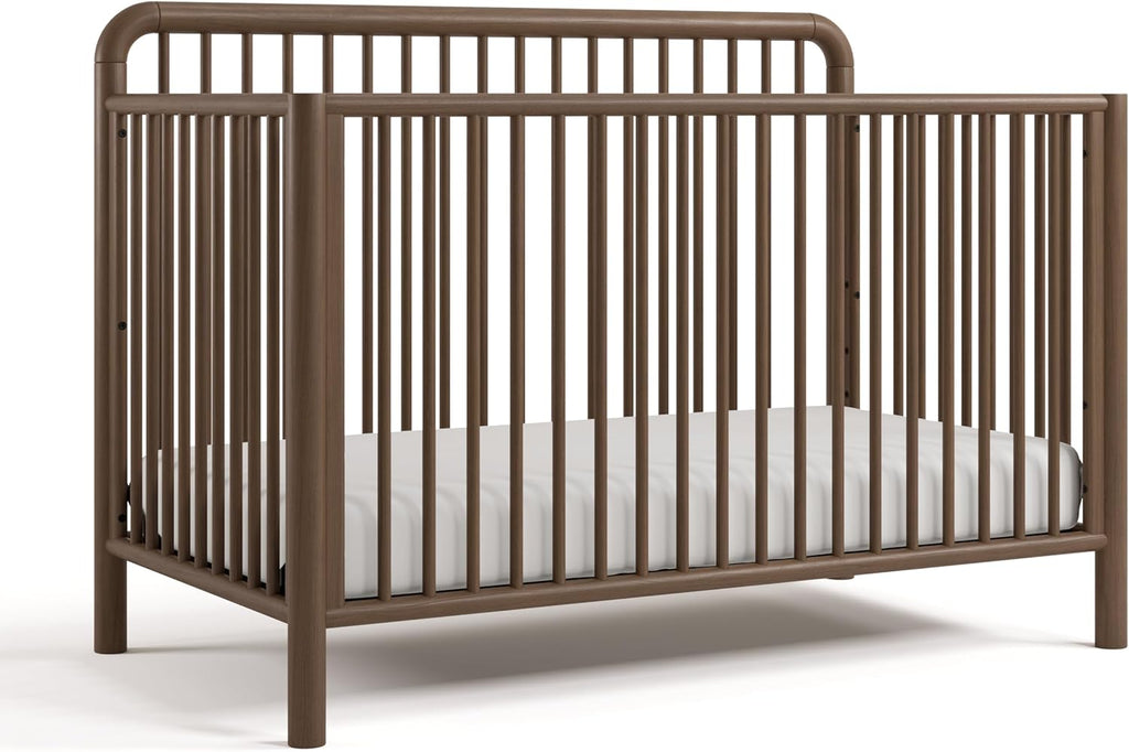 Storkcraft Porto 5-in-1 Convertible Crib with Toddler Guardrail – GREENGUARD Gold Certified, Toddler Bed Conversion Kit Included, 100% Solid Wood, Fits Standard Baby Crib Mattress (Hazelnut)