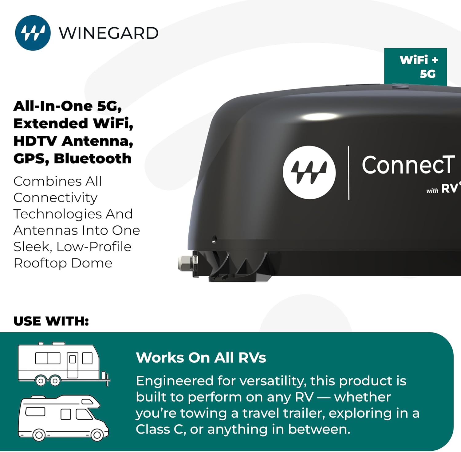 Winegard Connect 5G WF2‑5G1 RV Outdoor 5G Router - HDTV Antenna High‑Speed Dual Band Wi‑Fi Extended Coverage GPS Bluetooth Sensor - Starlink Compatible