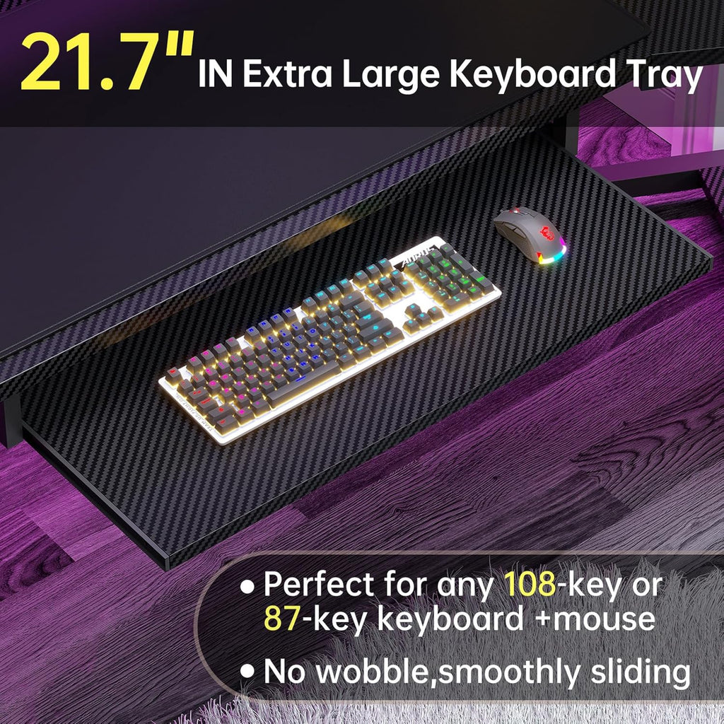 SEDETA 79" Gaming Desk, Computer Desk with 2 Fabric Drawers & LED Light, L Shaped Gaming Desk with Storage Shelf for Home Office, Carbon Fiber Black