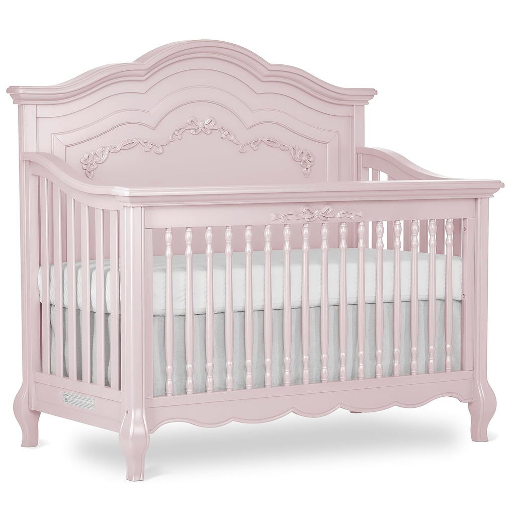 Evolur Aurora 5-in-1 Convertible Full-Size Baby Crib in Dusty Rose, 3 Mattress Heights, Ribbon Bow Scrollwork & Queen Anne Feet, Converts to Toddler, Day & Full-Size Bed
