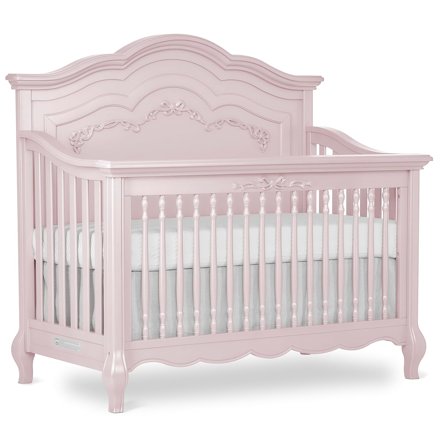 Evolur Aurora 5-in-1 Convertible Full-Size Baby Crib in Dusty Rose, 3 Mattress Heights, Ribbon Bow Scrollwork & Queen Anne Feet, Converts to Toddler, Day & Full-Size Bed
