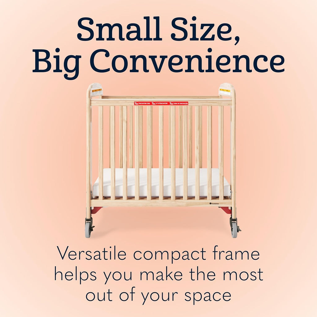 Foundations First Responder Evacuation Fixed-Side Daycare Crib, Features Clearview Panels, Includes Evacuation Frame, 4" Casters, and 3-inch Ultradurable Foam Mattress, Natural