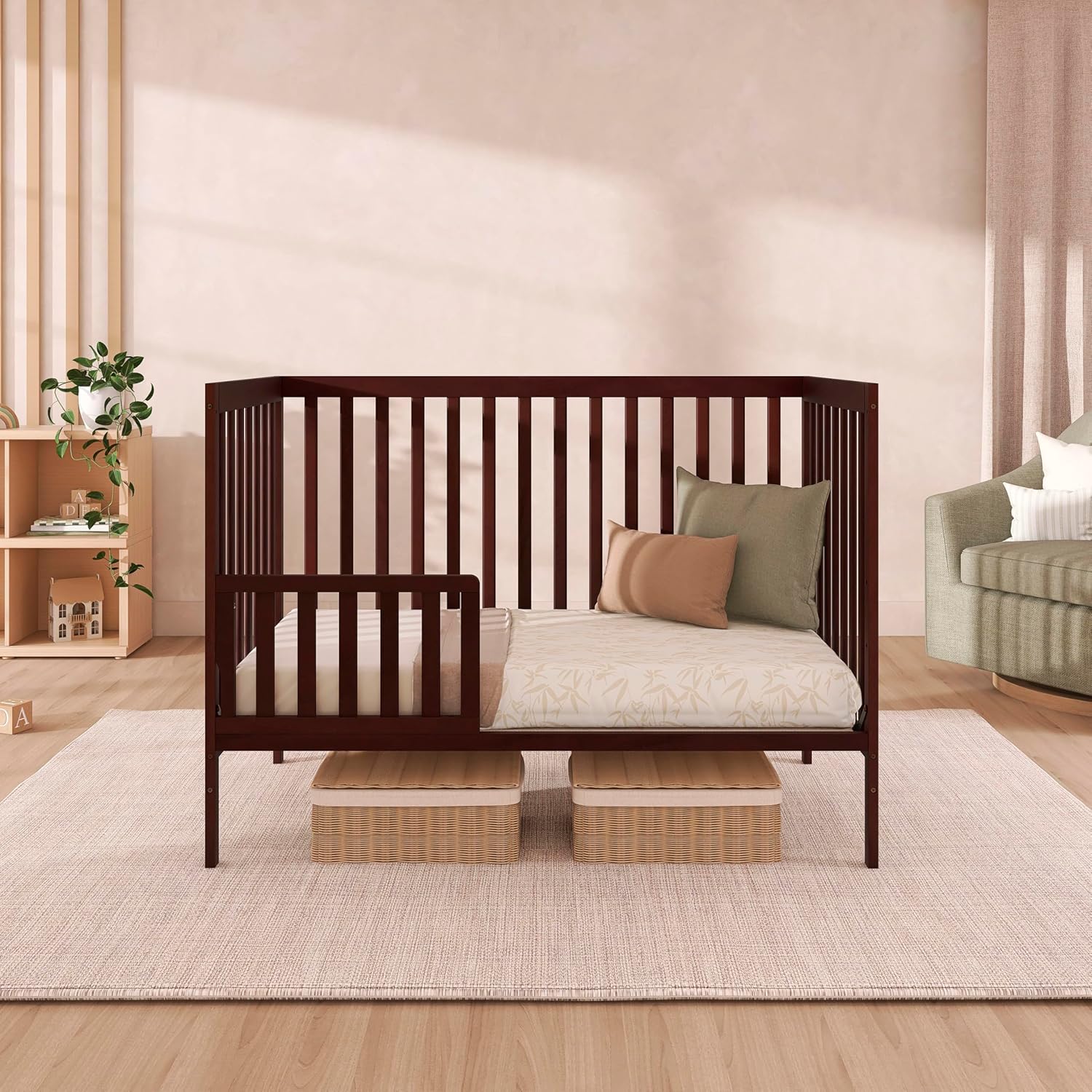 Dream On Me Synergy 5-in-1 Convertible Full-Size Baby Crib with Toddler, Day & Full Bed Conversion in Espresso, GreenGuard Gold & BSA, 3 Mattress Heights, Sustainable Pinewood